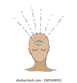 Isolated vector illustration of clairvoyance. Magic eye design element. Vector fortune tellers symbol. Isolated icon. Mystic person with closed eyes and an eye on his forehead. 