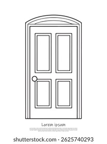 Ilustração vetorial isolada de uma porta com painel clássico com uma maçaneta redonda, apresentada como um contorno preto limpo sobre fundo transparente.
