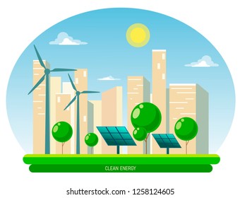 Isolated vector illustration of clean electric energy from renewable sources sun and wind. Power plant station buildings with solar panels and wind turbines on city skyline urban landscape 