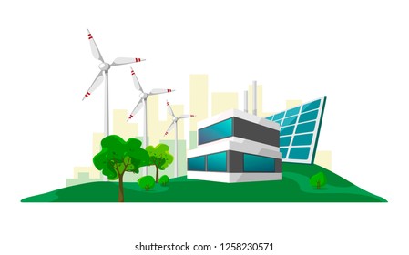 Isolated vector illustration of clean electric energy from renewable sources sun and wind on white. Power plant station buildings with solar panels and wind turbines on city skyline urban landscape
