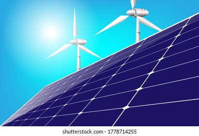 Isolated vector illustration of clean electric energy from renewable sources sun and wind, Wind Turbine Solar Panel Alternative Energy Source, vector.