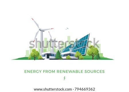 Isolated vector illustration of clean electric energy from renewable sources sun and wind. Power plant station buildings with solar panels and wind turbines on city skyline urban landscape background.
