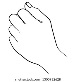 Isolated vector illustration. Clenched human hand in fist gesture. Hand drawn linear sketch. Black silhouette on white background.