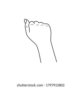 Isolated vector illustration. Clenched human hand in fist gesture. Hand drawn linear sketch. Black silhouette on white background.