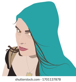 Isolated vector illustration. Closeup female portrait. Young Caucasian woman in hood. Flat cartoon style.