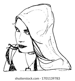 Isolated vector illustration. Closeup female portrait. Young Caucasian woman in hood. Hand drawn linear sketch. Black silhouette on white background.