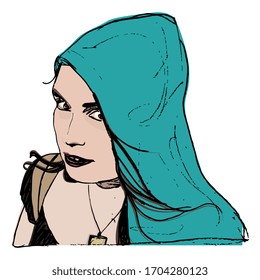 Ilustración vectorial aislada. Retrato femenino cerrado. Joven caucásica en el capullo. Dibujo a mano de dibujos coloridos.
