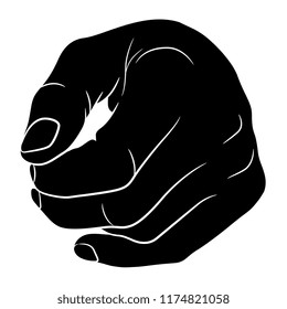 Isolated vector illustration. Closeup of a human male hand in a fist holding a tiny object. Hand drawn linear sketch. Cartoon style. Black and white silhouette.