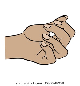 Isolated vector illustration. Closeup of a human Caucasian female hand in elegant gesture. Hand drawn linear sketch. Cartoon style.