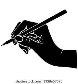 Isolated vector illustration. Closeup of a human hand writing with a pen. Black and white silhouette. Cartoon style.
