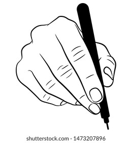 Isolated Vector Illustration. Closeup Of A Human Hand Writing With A Pen. Front View. Black And White Linear Silhouette. Cartoon Style.
