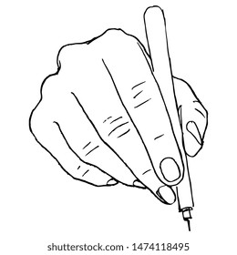 Isolated vector illustration. Closeup of a human hand writing with a pen. Front view. Hand drawn linear sketch.  Black silhouette on white background.