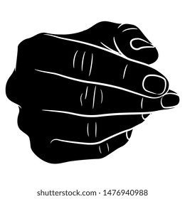 Isolated vector illustration. Closeup of a human male hand. Front view. Black and white silhouette. Cartoon style.