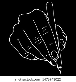 Isolated vector illustration. Closeup of a human hand writing with a pen. Front view. Hand drawn linear sketch. White silhouette on black background.