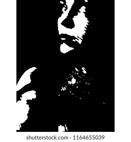 Isolated vector illustration. Closeup portrait of a young woman in darkness. Black and white silhouette.