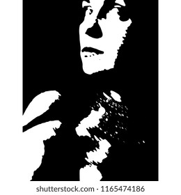 Isolated vector illustration. Closeup portrait of a young woman in darkness. Black and white silhouette.
