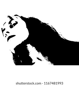 Isolated vector illustration. Closeup portrait of a beautiful Caucasian girl with long dark hair. Bottom view. Grotesque angle. Black and white silhouette.