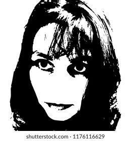 Isolated vector illustration. Closeup portrait of a beautiful Caucasian girl with dark hair. Black and white silhouette.