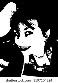 Isolated vector illustration. Closeup portrait of a beautiful smiling Caucasian brunette girl. Black and white silhouette.