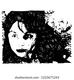 Isolated vector illustration. Closeup portrait of a beautiful Caucasian girl with long dark hair. Hand drawn sketch. Black silhouette on white background.