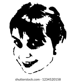 Isolated vector illustration. Closeup portrait of a female face. Beautiful smiling young woman. Black and white silhouette. Hand drawn ink sketch.