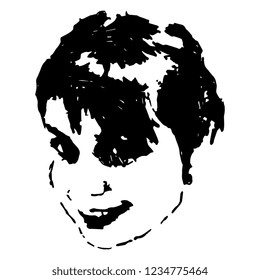 Isolated vector illustration. Closeup portrait of a female face. Beautiful smiling young woman. Black and white silhouette. Hand drawn ink sketch.