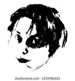 Isolated vector illustration. Closeup portrait of a beautiful smiling female face. Hand drawn ink sketch. Black silhouette on white background.