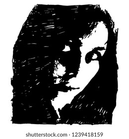Isolated vector illustration. Closeup portrait of a beautiful Caucasian woman with long loose dark hair in dark. High contrast black and white silhouette. Hand drawn sketch.