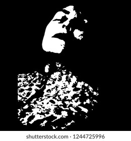 Isolated vector illustration. Closeup portrait of a beautiful Caucasian woman with close eyes sleeping or dead. Black and white high contrast silhouette.