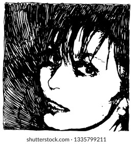 Isolated vector illustration. Closeup portrait of a beautiful Caucasian girl. Hand drawn ink sketch. Black and white silhouette.