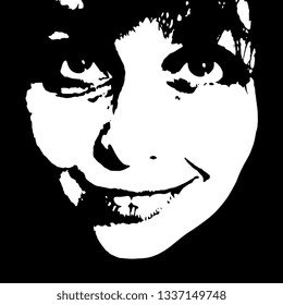 Isolated vector illustration. Closeup portrait of a beautiful smiling Caucasian woman. Black and white high contrast silhouette.