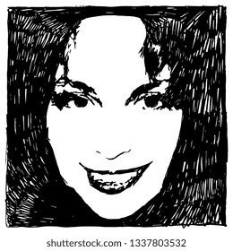 Isolated vector illustration. Closeup portrait of a beautiful smiling Caucasian woman. Hand drawn sketch. Black and white silhouette.