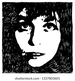 Isolated vector illustration. Closeup portrait of a beautiful sad Caucasian woman in darkness. Hand drawn art. Black and white silhouette.