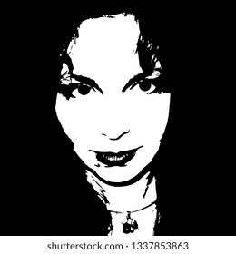 Isolated vector illustration. Closeup portrait of a beautiful Caucasian woman in darkness. High contrast black and white silhouette.
