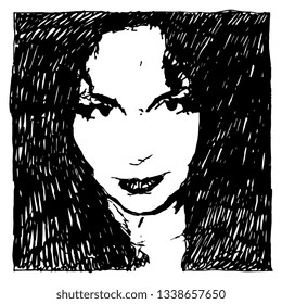 Isolated vector illustration. Closeup portrait of a beautiful Caucasian woman in darkness. High contrast black and white silhouette. Hand drawn sketch.