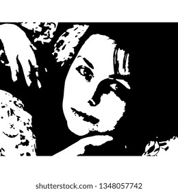 Isolated vector illustration. Closeup portrait of a beautiful girl lying in a bed. Black and white silhouette.