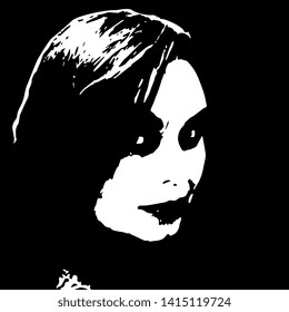Isolated vector illustration. Closeup portrait of a beautiful Caucasian lady with dark hair. Black and white high contrast silhouette.