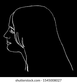 Isolated vector illustration. Closeup portrait of a beautiful young woman with loose long hair. Female head in profile. Hand drawn linear sketch. White silhouette on black background.