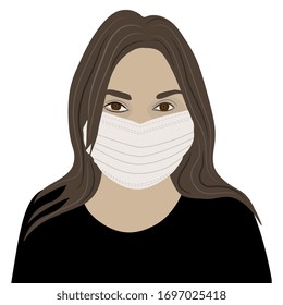 Ilustración vectorial aislada. Retrato de una joven caucásica con mascarilla médica. Estilo de caricatura.