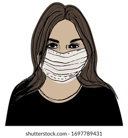  Vektorillustration einzeln. Nahaufnahme eines Porträts einer jungen Kaukasierin in medizinischer Gesichtsmaske. Handgezeichnete bunter grober Skizze.