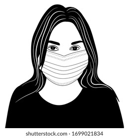 Isolated vector illustration. Closeup portrait of a young Caucasian woman in medical face mask. Black and white silhouette. Cartoon style.