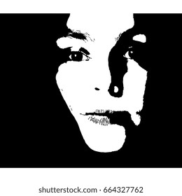 Isolated vector illustration. Closeup portrait of a beautiful Caucasian girl. Female face. Black and white high contrast silhouette. 