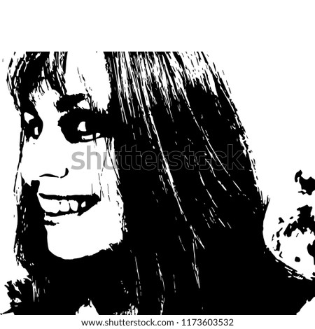 Isolated vector illustration. Closeup portrait. Face of a beautiful smiling Caucasian girl with long loose dark hair. Black and white silhouette.