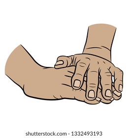Isolated vector illustration. Closeup of two overlapped human male Caucasian hands in pressing massage gesture. Hand drawn sketch. Cartoon style.