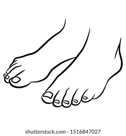 Isolated vector illustration. Closeup of two standing bare human feet. Black and white linear silhouette.