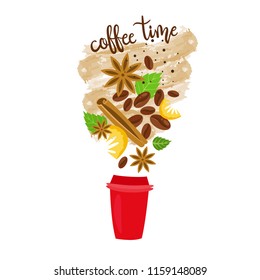 Isolated Vector Illustration. Coffee Drink Flies Into A Glass. Message "Coffee time" Calls To Break Away From Business And Cheer Yourself Up With Coffee.