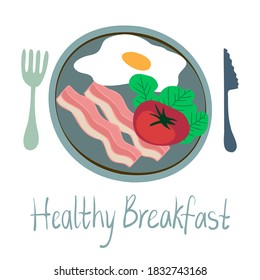 Isolated vector illustration colorful design healthy breakfast with eggs, bacon and tomatoes with healthy breakfast text. The design is perfect for banners, posters, stickers, cards, logos