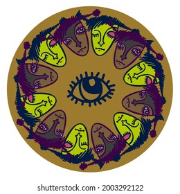 Isolated vector illustration colorful design of a circles with faces and an eye in dark tones. The design is perfect for stickers, logos, badges, decorations, packaging
