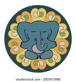 Isolated vector illustration colorful design of a cute meditating elephant on abstract lotus. The design is perfect for cards, coloring, textiles, illustrations, badges, stickers