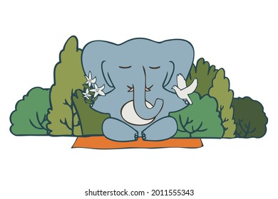 Isolated vector illustration colorful design of a cute meditating elephant in park with bushes. The design is perfect for cards, coloring, textiles, illustrations, badges, stickers